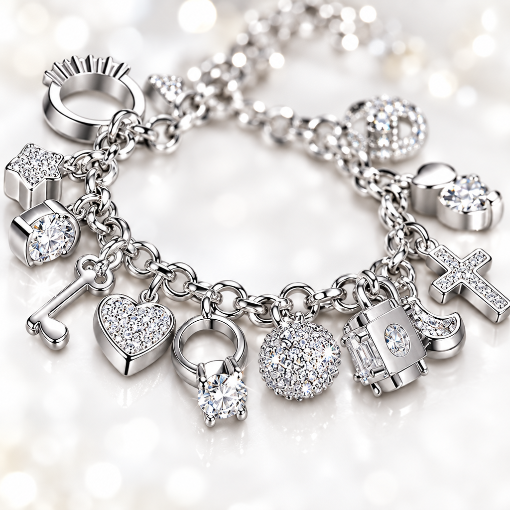 Gros plan breloques argent cristal – bracelet charms Kylara