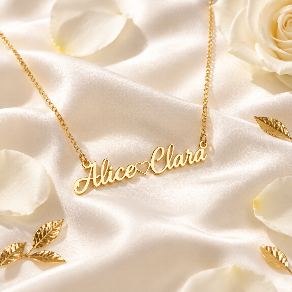 Collier prénom or cursive sur soie blanche et accents dorés, ambiance cadeau luxe Kylara