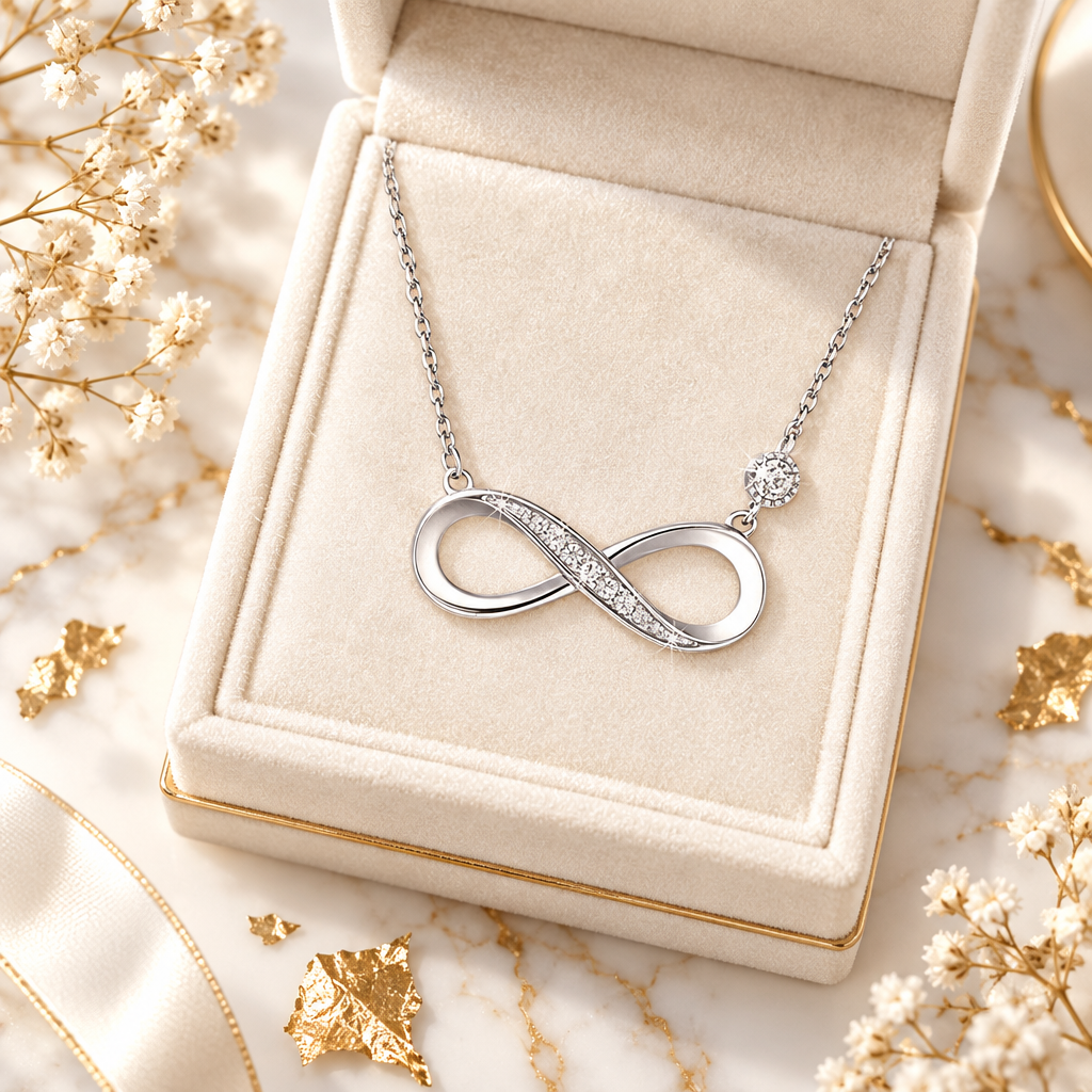 Collier infini argent mise en scène luxe écrin ivoire