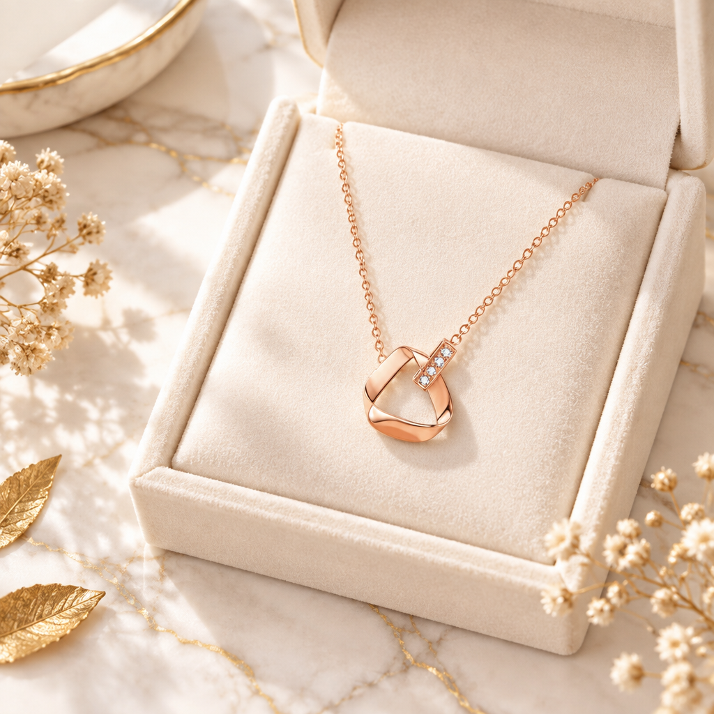 Collier Möbius or rose mise en scène luxe écrin ivoire