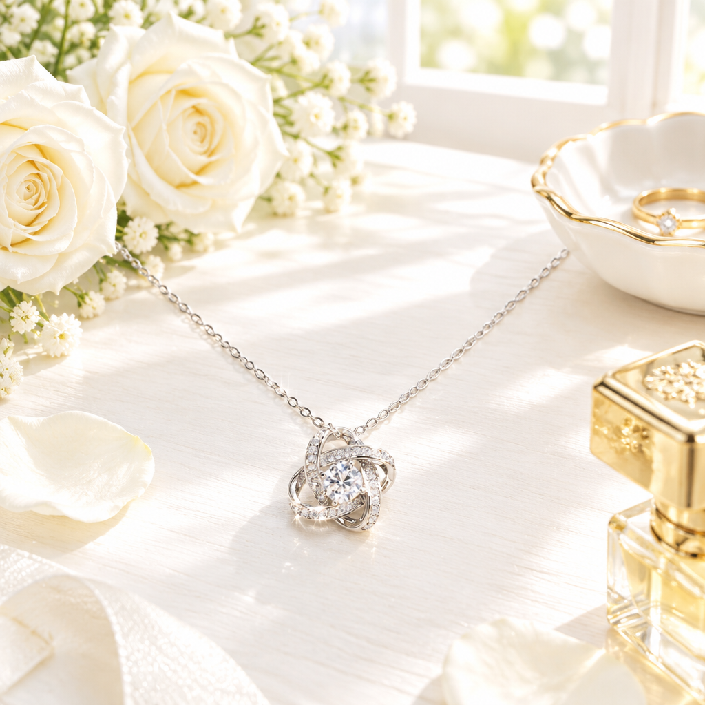 Collier nœud éternité S925 lifestyle blanc lumineux