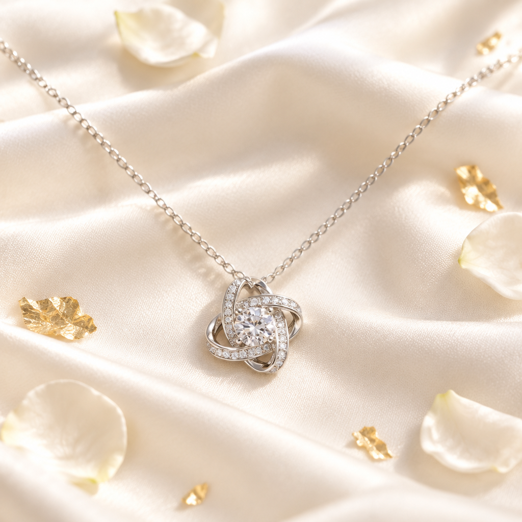 Collier nœud éternité S925 sur soie blanche accents dorés
