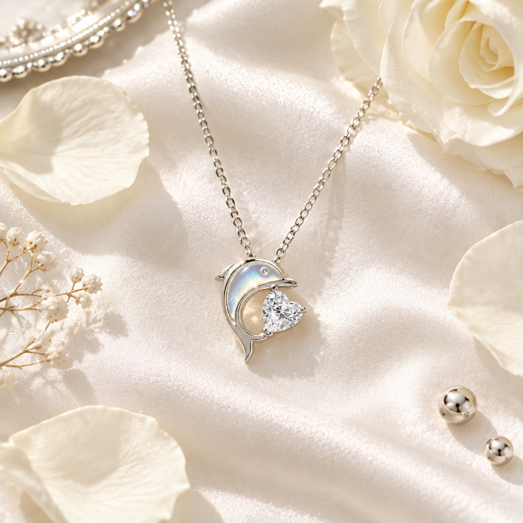 Collier dauphin argent sur soie blanche, ambiance luxe Kylara