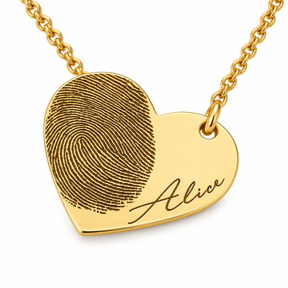 Collier cœur empreinte digitale gravée or, packshot fond blanc, bijou mémorial Kylara