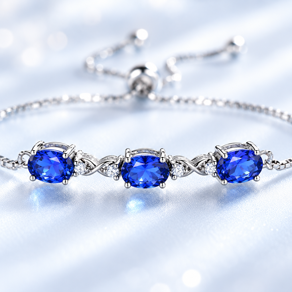 Gros plan bracelet tanzanite bleu 3 pierres ovales – joaillerie Kylara