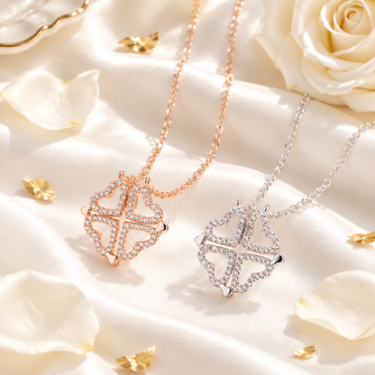 Collier transformable trèfle cœur S925 sur soie blanche et accents dorés, ambiance luxe Kylara