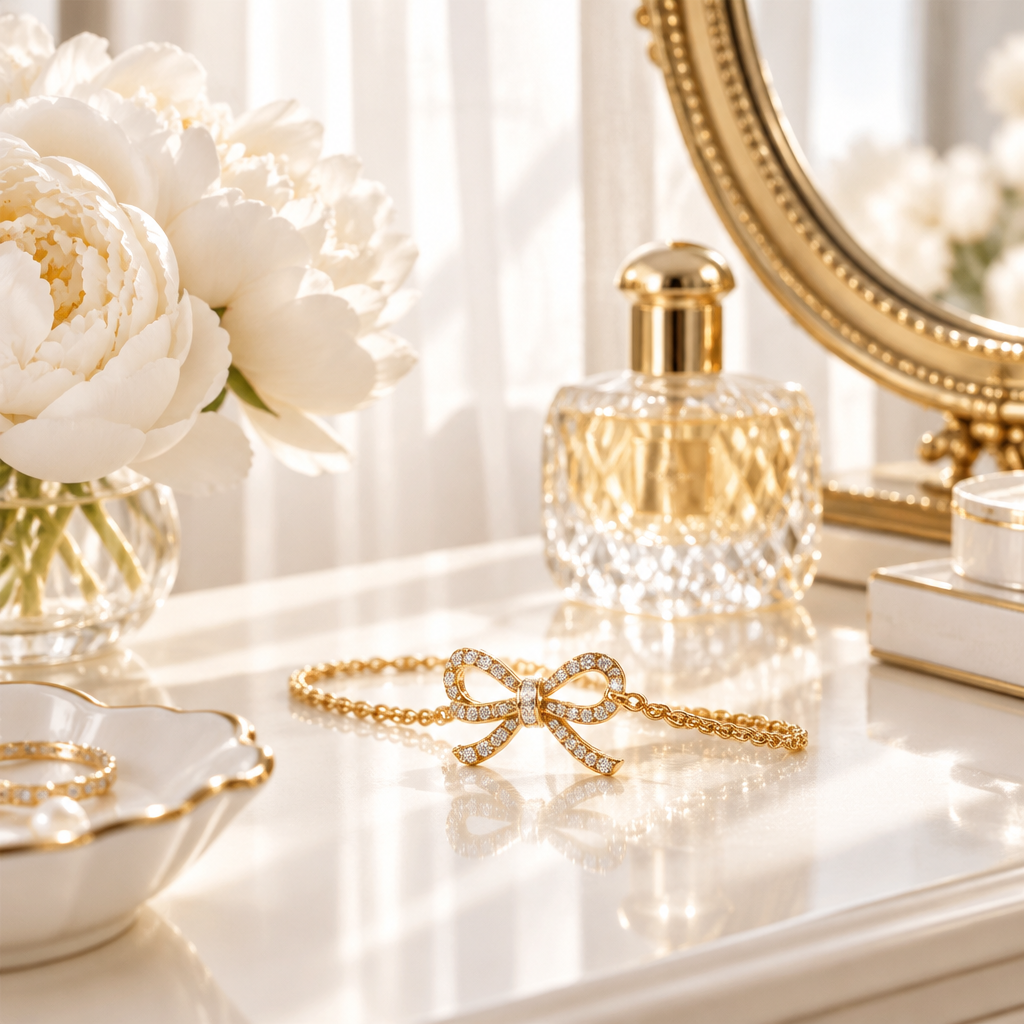 Bracelet nœud papillon or et zircons en scène lifestyle lumineuse – coiffeuse blanche, miroir doré, style chic