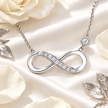 Collier infini argent sur soie blanche, ambiance luxe Kylara