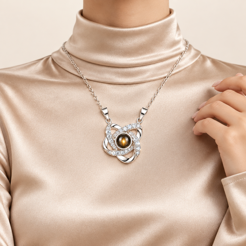 Mockup collier trèfle projection argent porté, femme satin champagne jusqu'au cou, Kylara