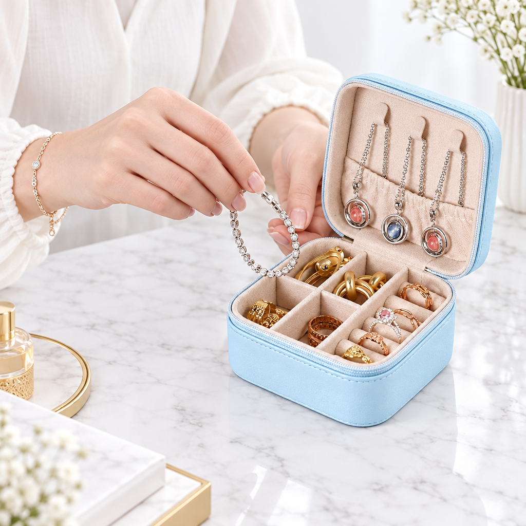 Mains posant un bracelet dans une boîte bijoux cuir bleue, marbre blanc – Kylara