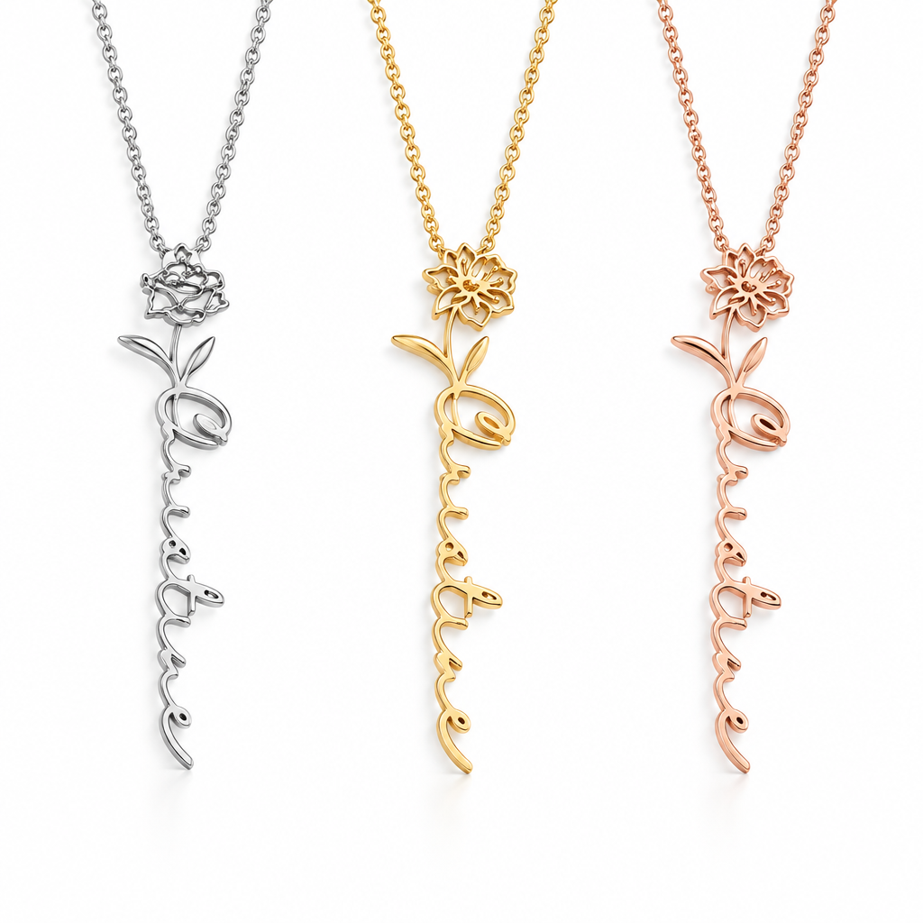 Collier fleur prénom 3 variantes argent or et or rose – bijou naissance Kylara