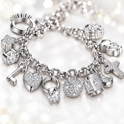 Gros plan breloques argent cristal – bracelet charms Kylara