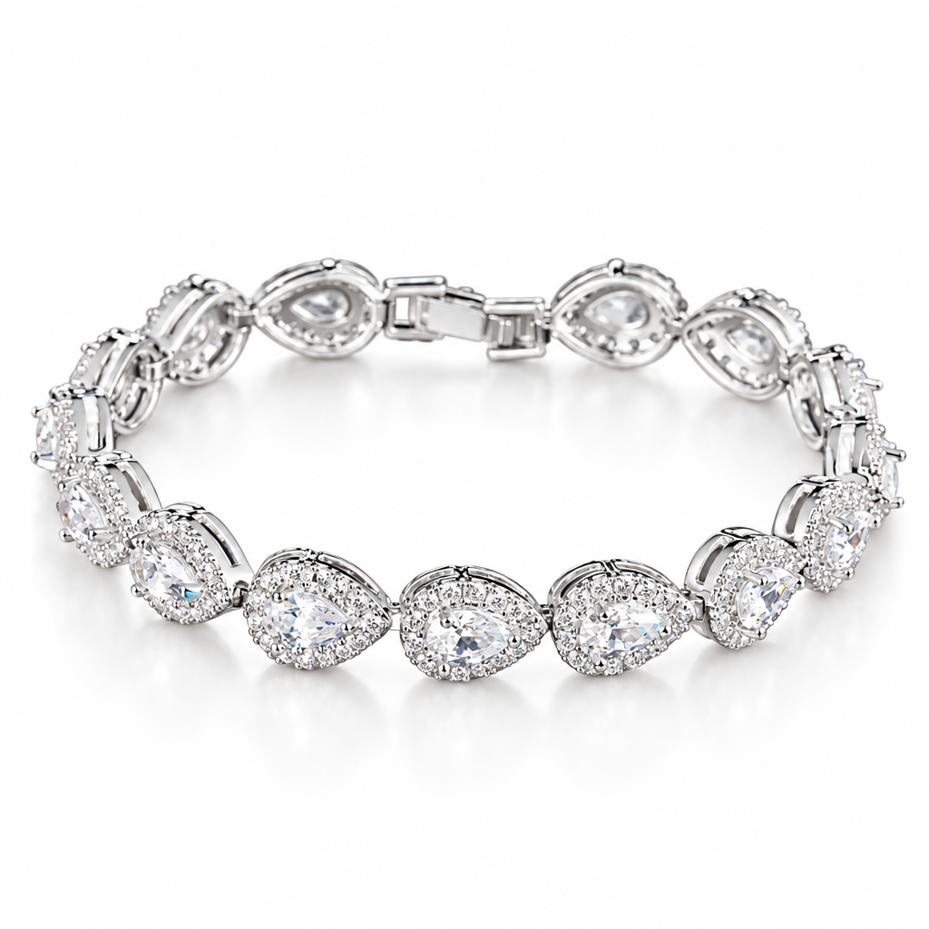 Bracelet tennis argent diamants blancs gouttes zircon halo, packshot fond blanc, Kylara