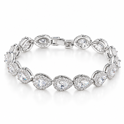 Bracelet tennis argent diamants blancs gouttes zircon halo, packshot fond blanc, Kylara