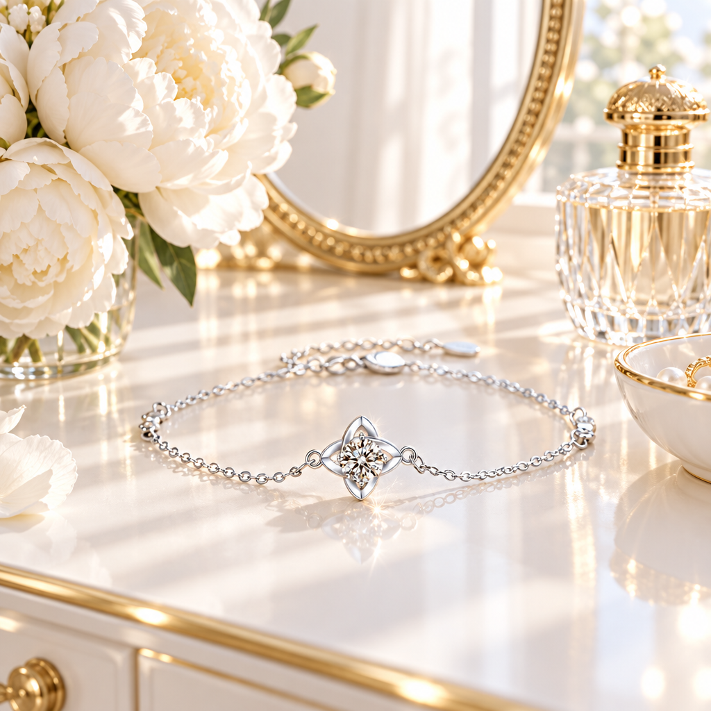 Bracelet trèfle moissanite argent 925 en scène lifestyle lumineuse – coiffeuse blanche, miroir doré, style chic féminin