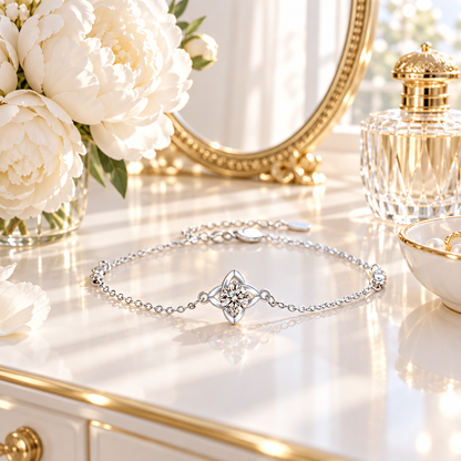 Bracelet trèfle moissanite argent 925 en scène lifestyle lumineuse – coiffeuse blanche, miroir doré, style chic féminin
