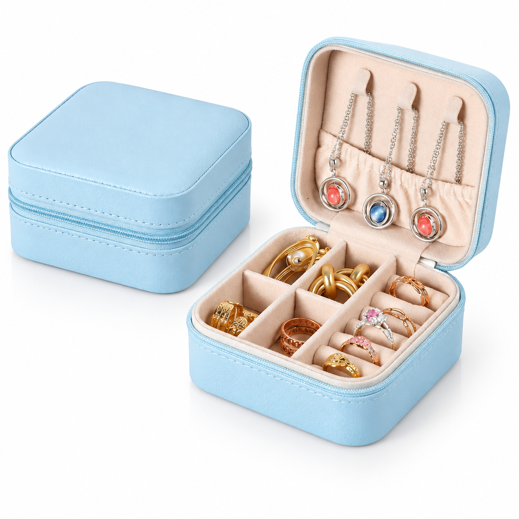 Boîte à bijoux cuir bleu clair packshot fond blanc – Kylara