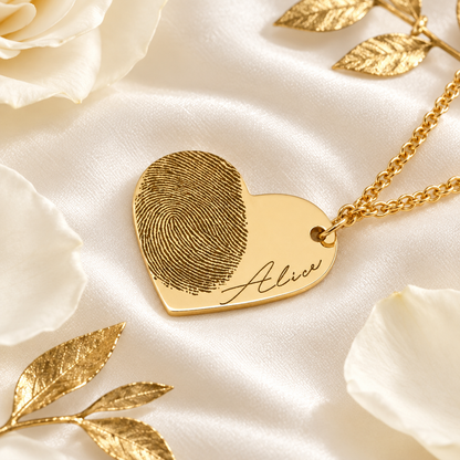 Collier cœur empreinte or sur soie blanche, ambiance cadeau luxe Kylara