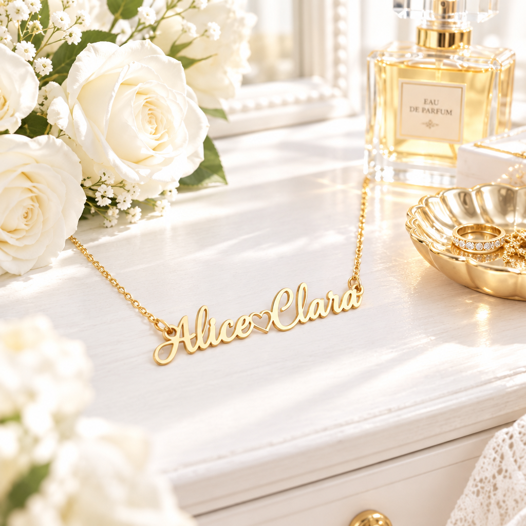 Collier prénom or en scène lifestyle lumineuse – coiffeuse blanche, roses blanches, style chic Kylara