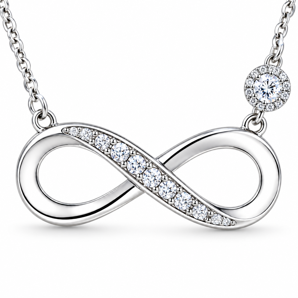 Collier infini argent zircon, packshot fond blanc, bijou Kylara