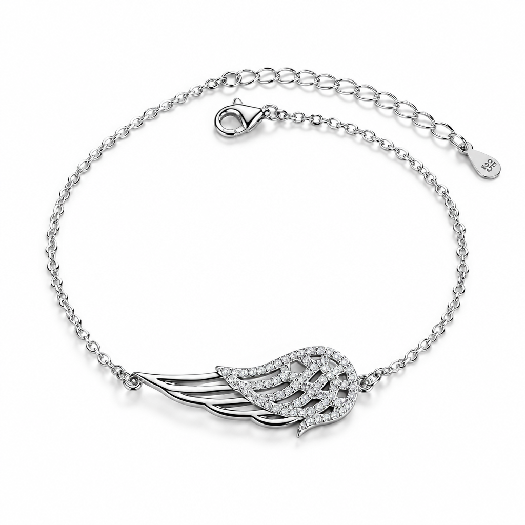 Bracelet aile ange argent zircon, packshot fond blanc, bijou Kylara