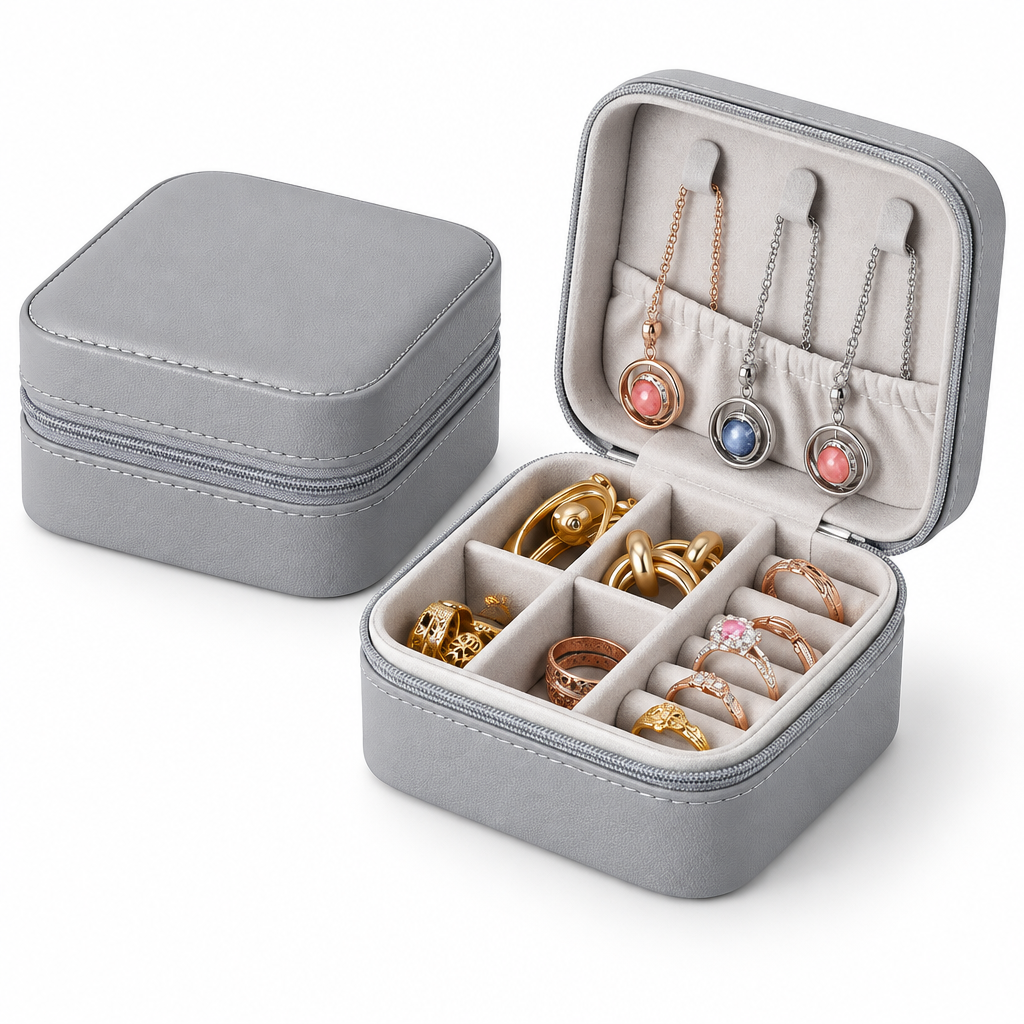 Boîte bijoux cuir gris avec fermeture éclair, packshot fond blanc – variante gray, Kylara