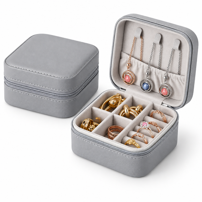 Boîte bijoux cuir gris avec fermeture éclair, packshot fond blanc – variante gray, Kylara