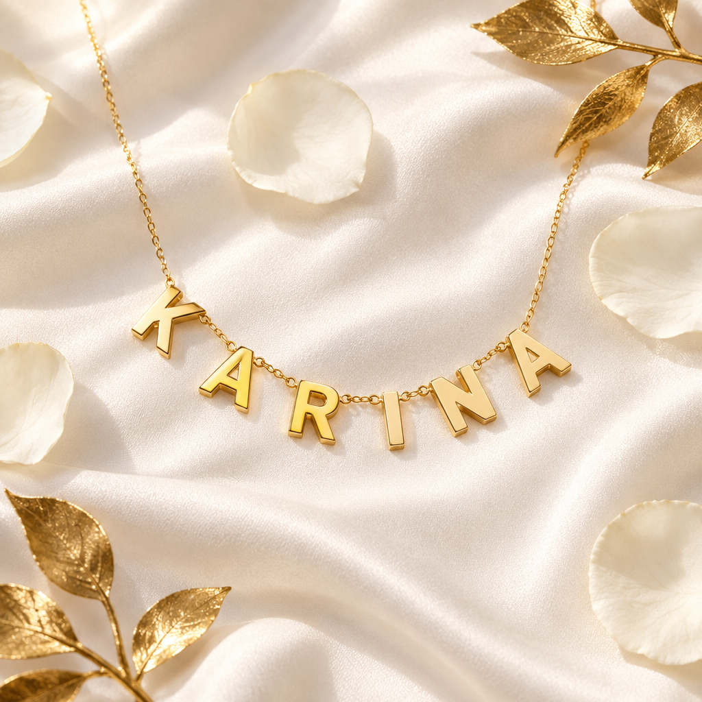 Collier prénom lettres or reliées, flat lay soie blanche – Kylara