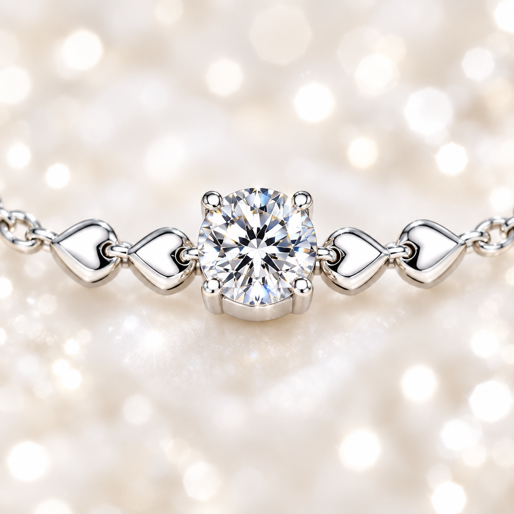 Gros plan bracelet moissanite cœur argent – Kylara