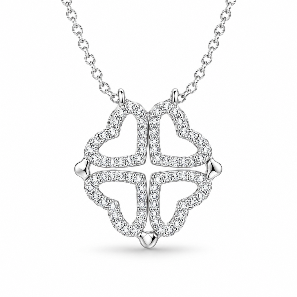 Collier multi-usage trèfle cœur S925 argent pavé de zircons, packshot fond blanc, bijou femme Kylara