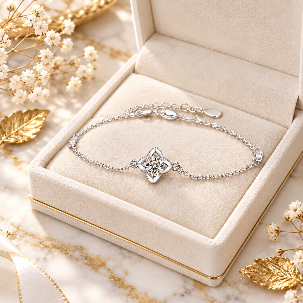 Bracelet trèfle moissanite argent 925 posé sur écrin ivoire et marbre doré, cadeau bijou haut de gamme Kylara