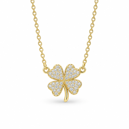Collier trèfle 4 feuilles en argent S999 plaqué or pavé de zircons, packshot fond blanc, bijou femme Kylara