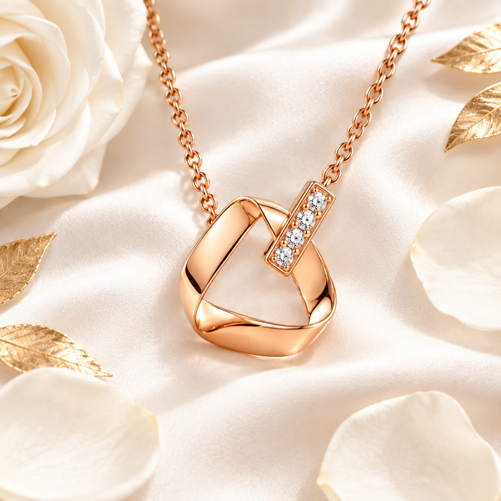 Collier Mobius or rose sur soie blanche, flat lay ambiance luxe – Kylara