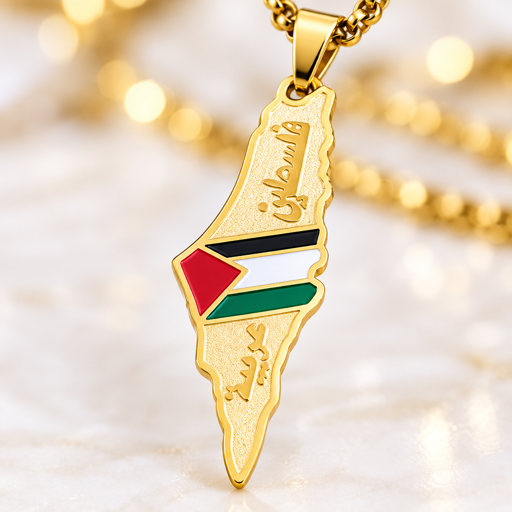 Gros plan pendentif carte or émail drapeau – Kylara