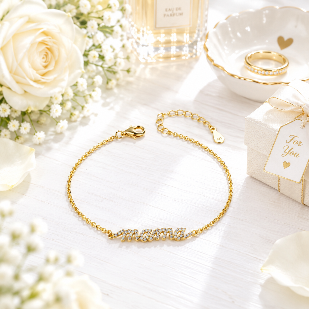 Bracelet mama doré en scène lifestyle lumineuse – coiffeuse blanche, Kylara