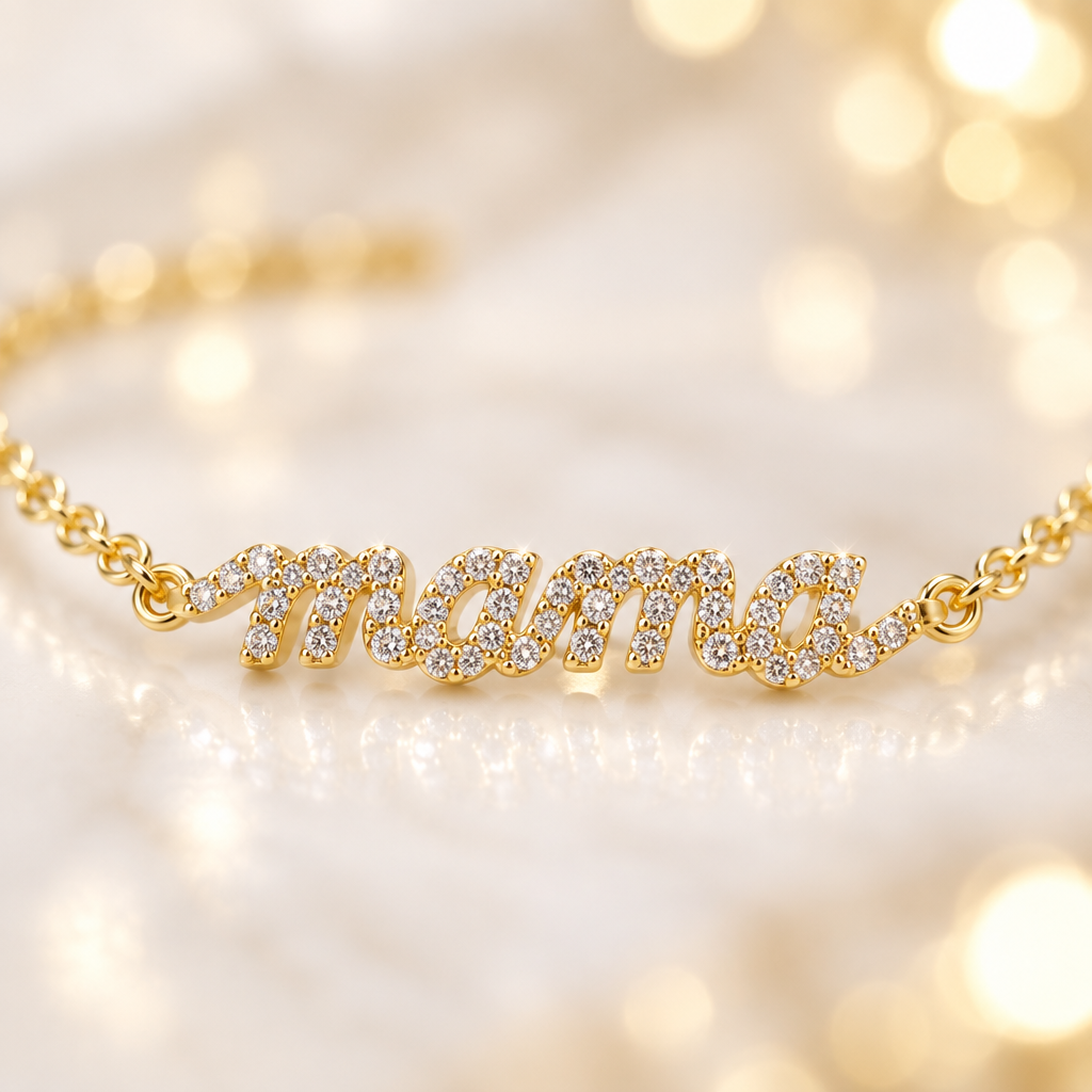 Gros plan bracelet mama script doré zircon – joaillerie Kylara