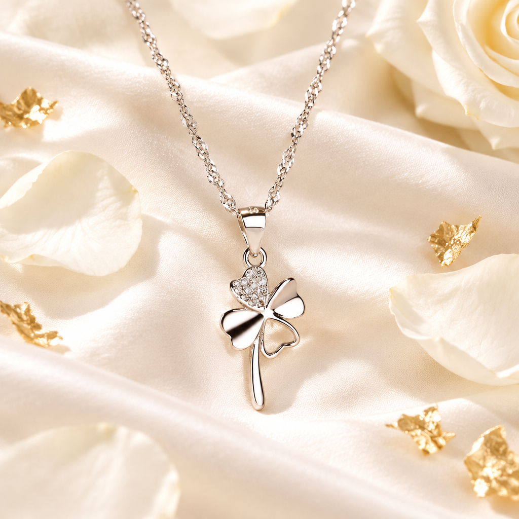 Collier trèfle micro-serti argent sur soie blanche et accents dorés, ambiance luxe Kylara