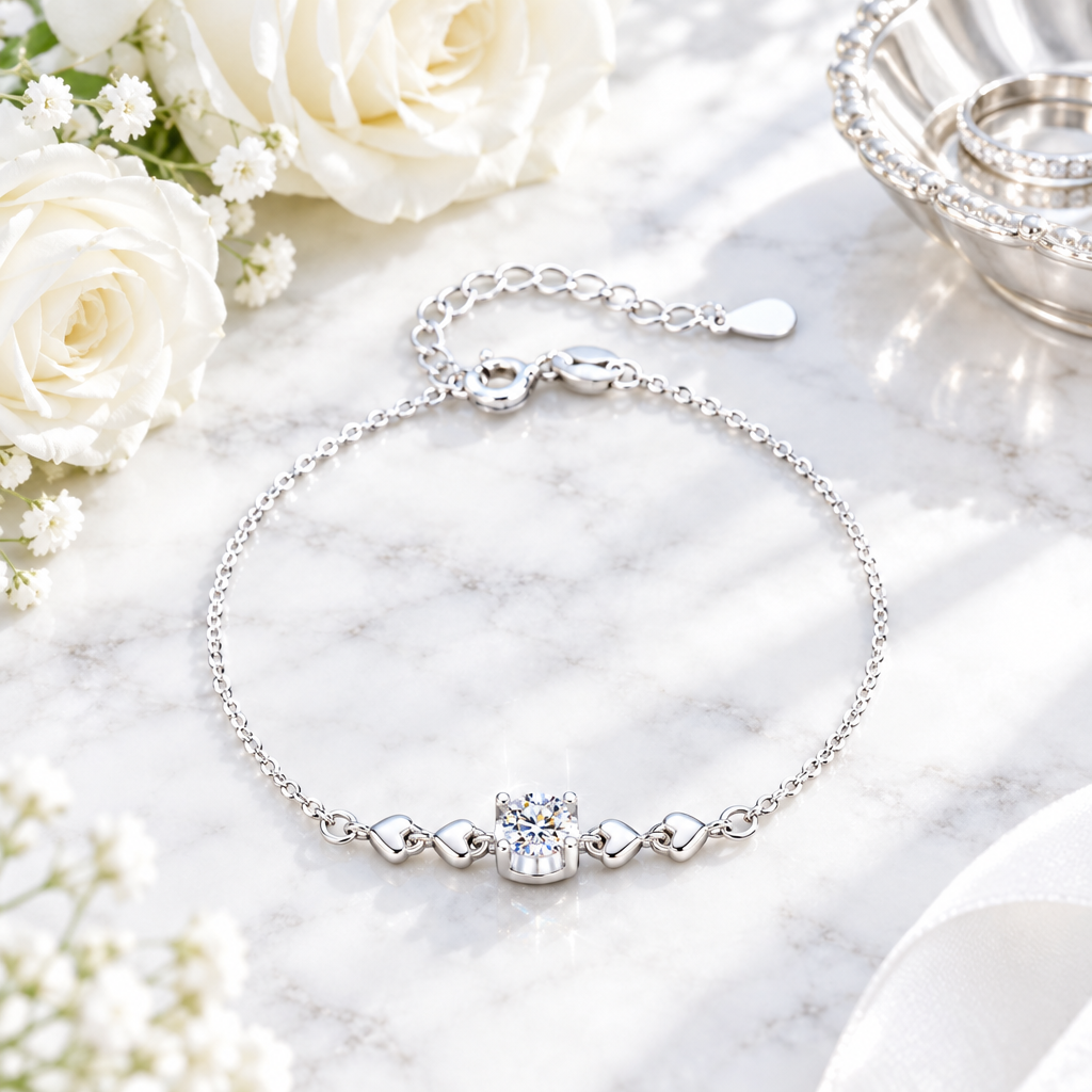 Bracelet moissanite cœur argent lifestyle marbre blanc – Kylara