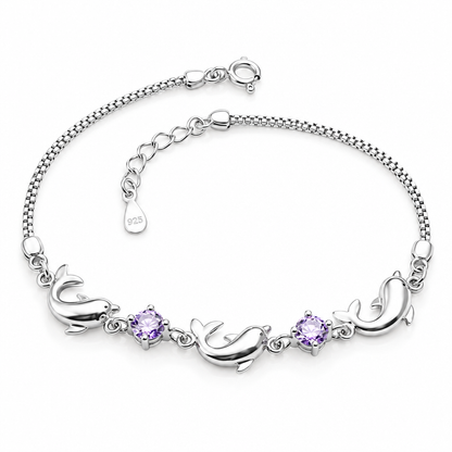 Bracelet dauphin argent pierres violet lilas, packshot fond blanc – variante purple, Kylara