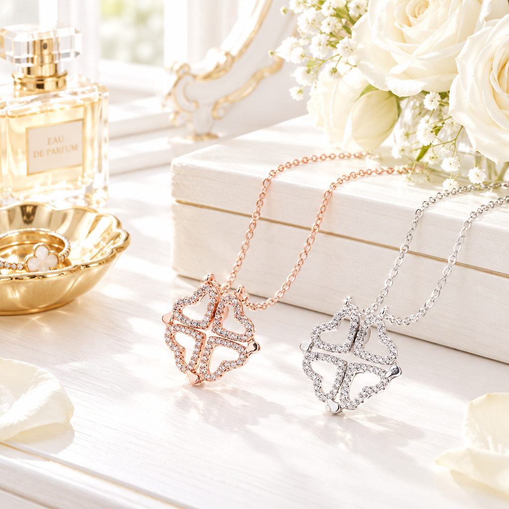 Collier trèfle cœur S925 en scène lifestyle lumineuse – coiffeuse blanche, roses blanches, style chic