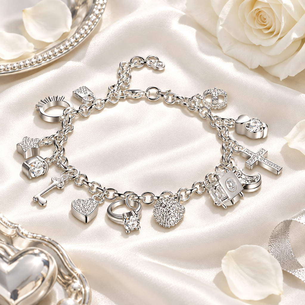 Bracelet charms argent sur soie blanche, ambiance luxe Kylara