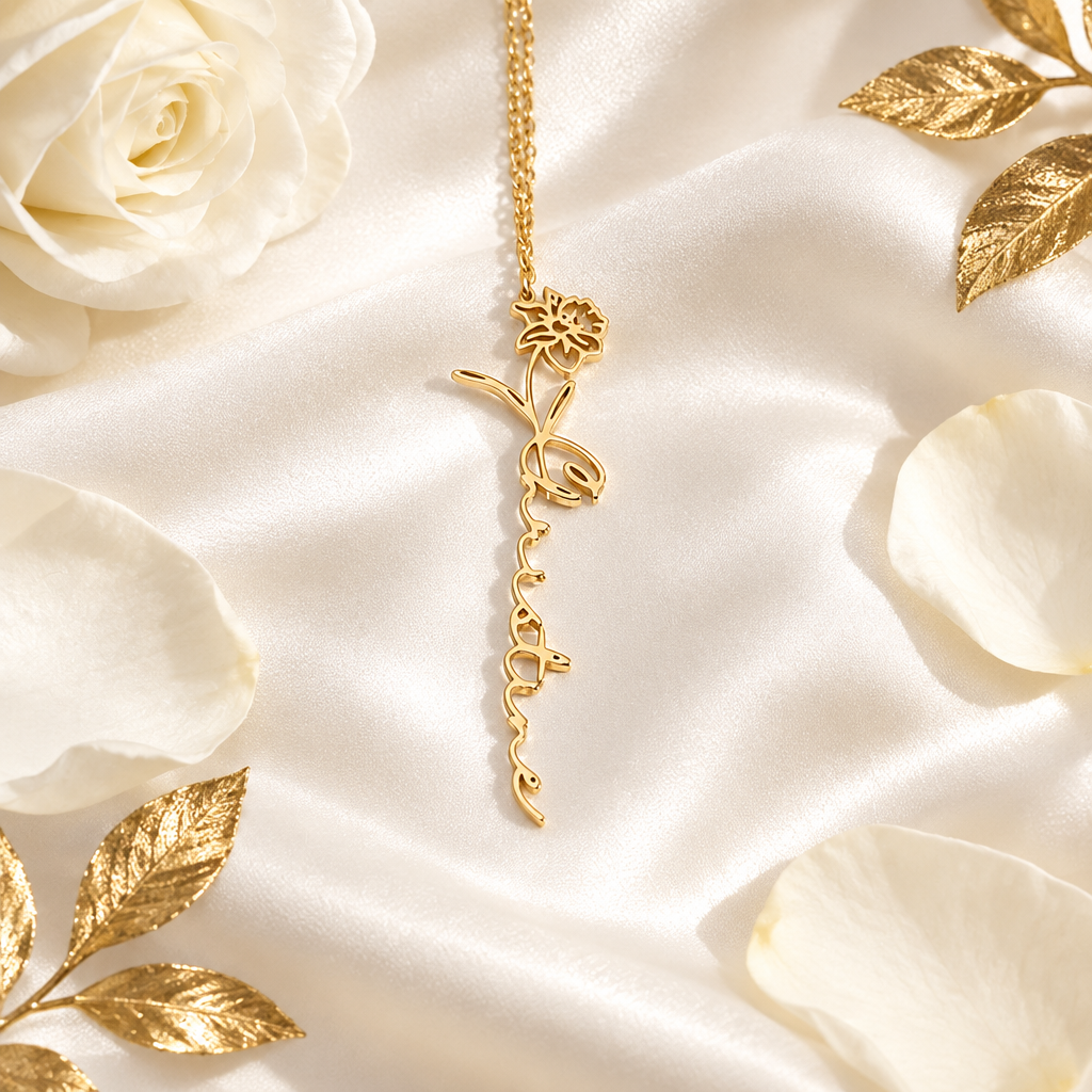 Collier fleur prénom or sur soie blanche, ambiance cadeau luxe Kylara