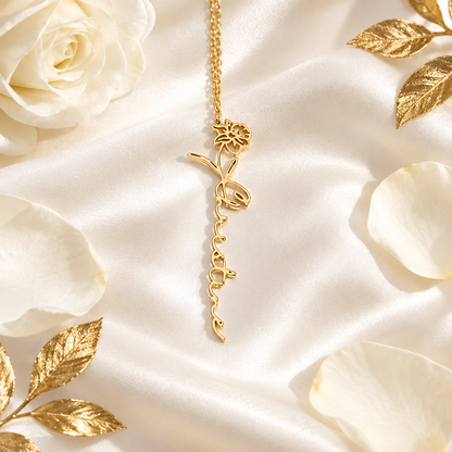Collier fleur prénom or sur soie blanche, ambiance cadeau luxe Kylara