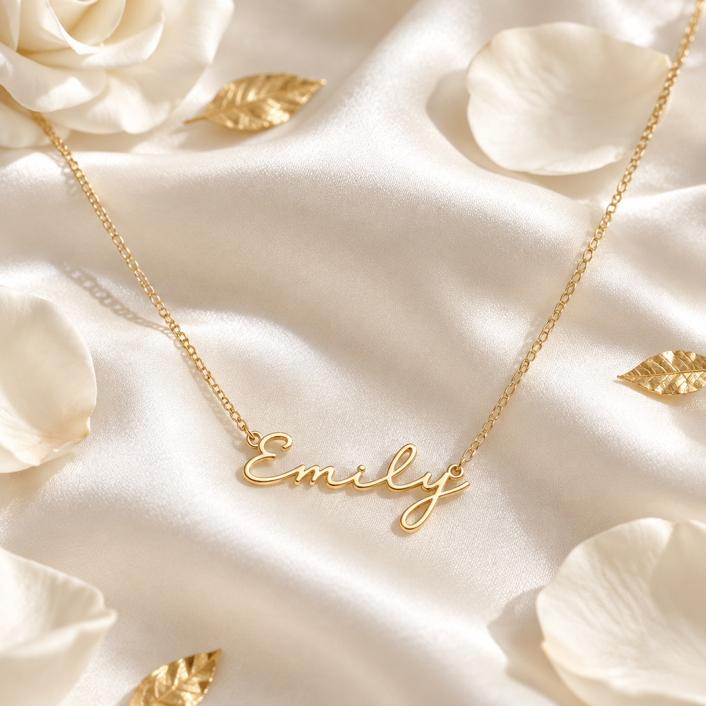 Collier prénom cursive or sur soie blanche et accents dorés, ambiance luxe Kylara