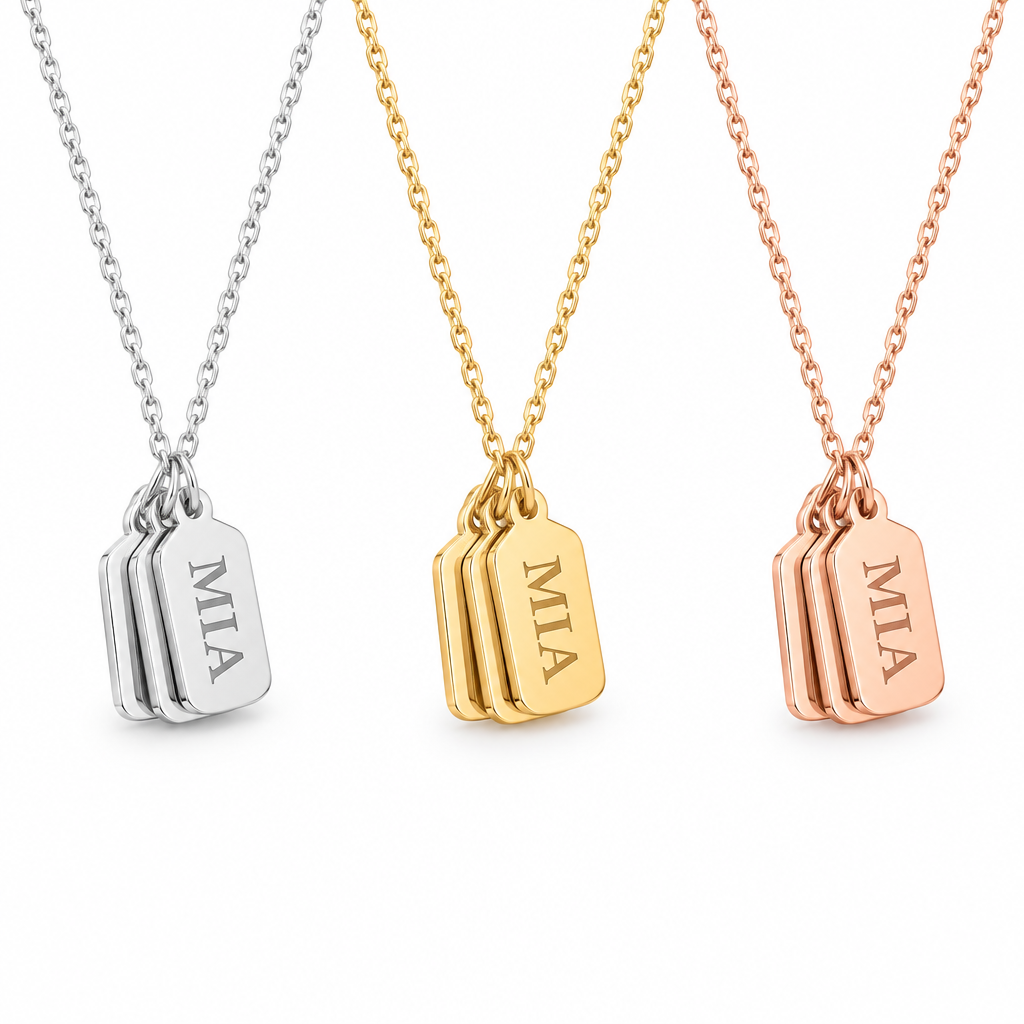 Collier tag gravé 3 variantes argent or et or rose – bijou personnalisé Kylara