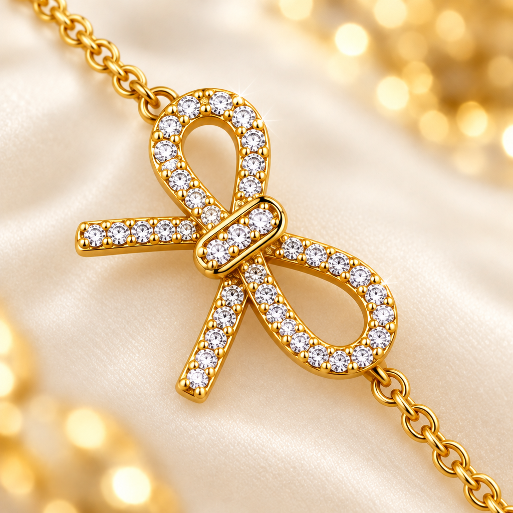 Gros plan bracelet nœud doré zircon pavé – joaillerie Kylara