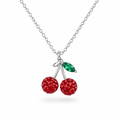 Collier cerise en argent 925 avec cristaux rouges et zircon vert, packshot fond blanc, bijou femme Kylara