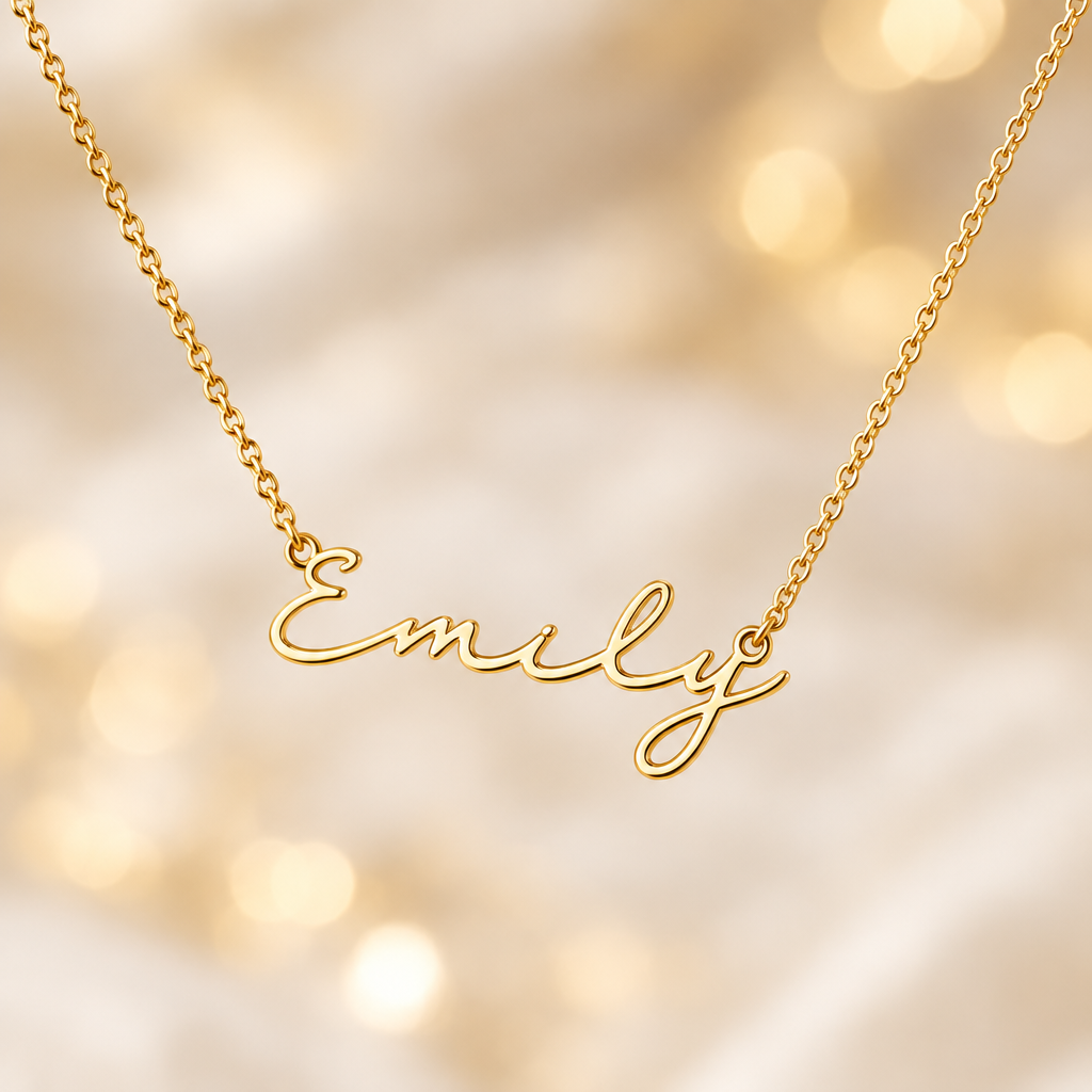 Gros plan sur le script cursive doré du collier prénom minimaliste – joaillerie Kylara
