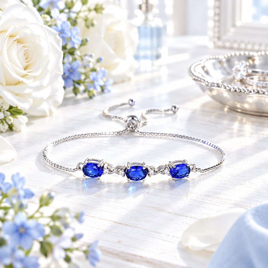 Bracelet tanzanite bleu en scène lifestyle lumineuse – coiffeuse blanche, Kylara