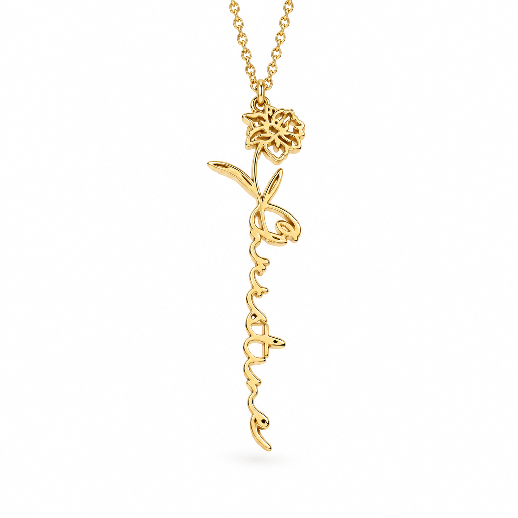 Collier fleur naissance prénom vertical doré, packshot fond blanc, bijou personnalisé Kylara